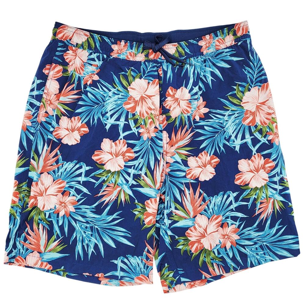 Kirkland Blue & Pink Tropical Leaf Hibiscus Flower Print Swim Trunks Men's L